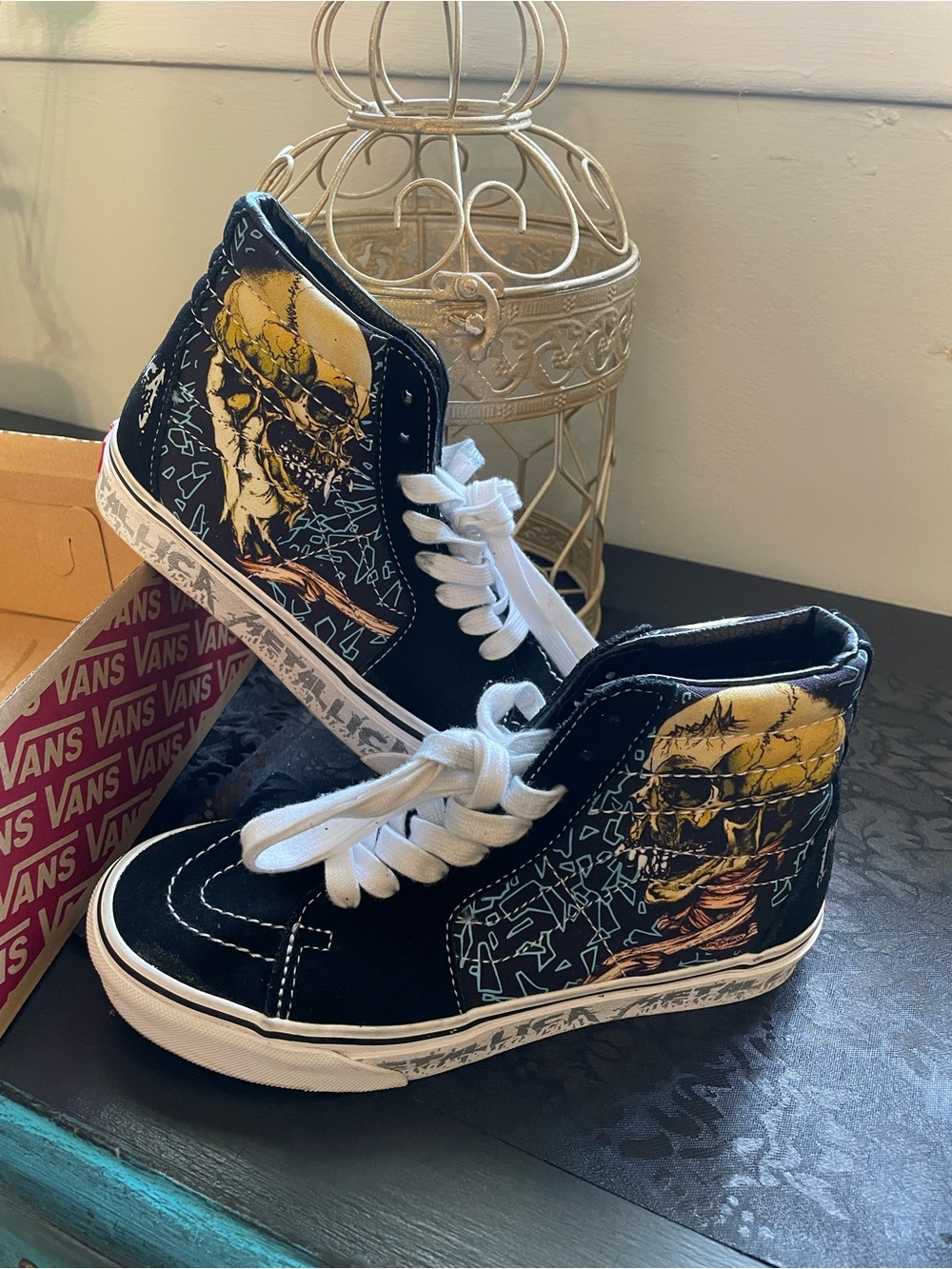 Metallica Vans Black High-Top Sneakers with Yellow Skull Artwork